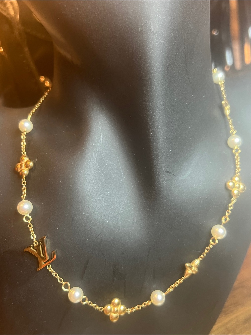 Gold-tone Chain Necklace with White Pearls